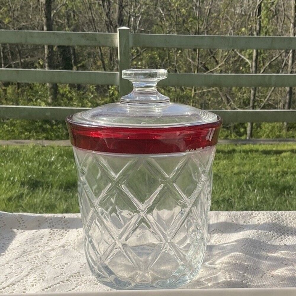 INDIANA GLASS GAZEBO BARREL JAR RUBY FLASH DISCONT Ice Bucket With Lid